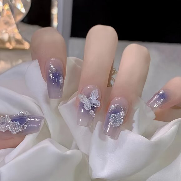 24pcs Press-On Nails Set Blue Gradient With Delicate Aurora Butterfly - Picture 1 of 4